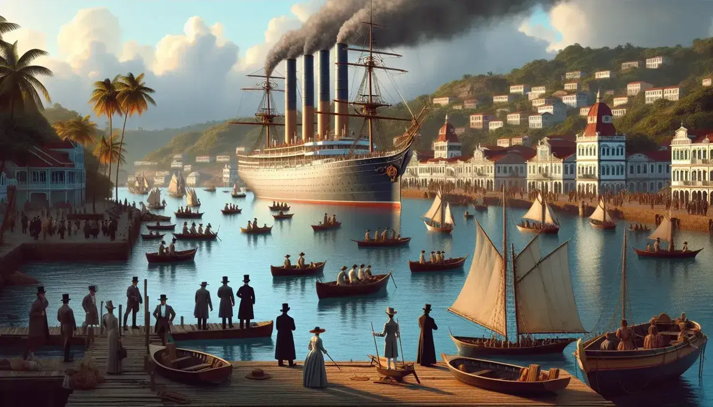 Barco de vapor de acero del siglo XIX con chimeneas humeantes anclado en puerto colonial con edificios europeos, rodeado de veleros y gente en atuendos de época en el muelle.