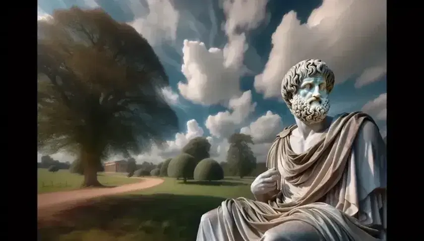 Estatua de mármol blanco de Aristóteles pensativo con túnica, rodeado de un paisaje natural con árboles y un cielo azul parcialmente nublado.