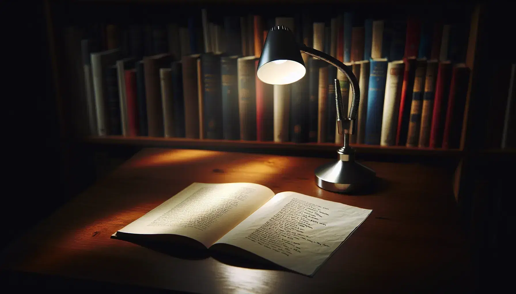 Scrivania in legno scuro con libro aperto e foglio di poesia manoscritta illuminati da lampada da tavolo, sfondo sfocato con libreria.