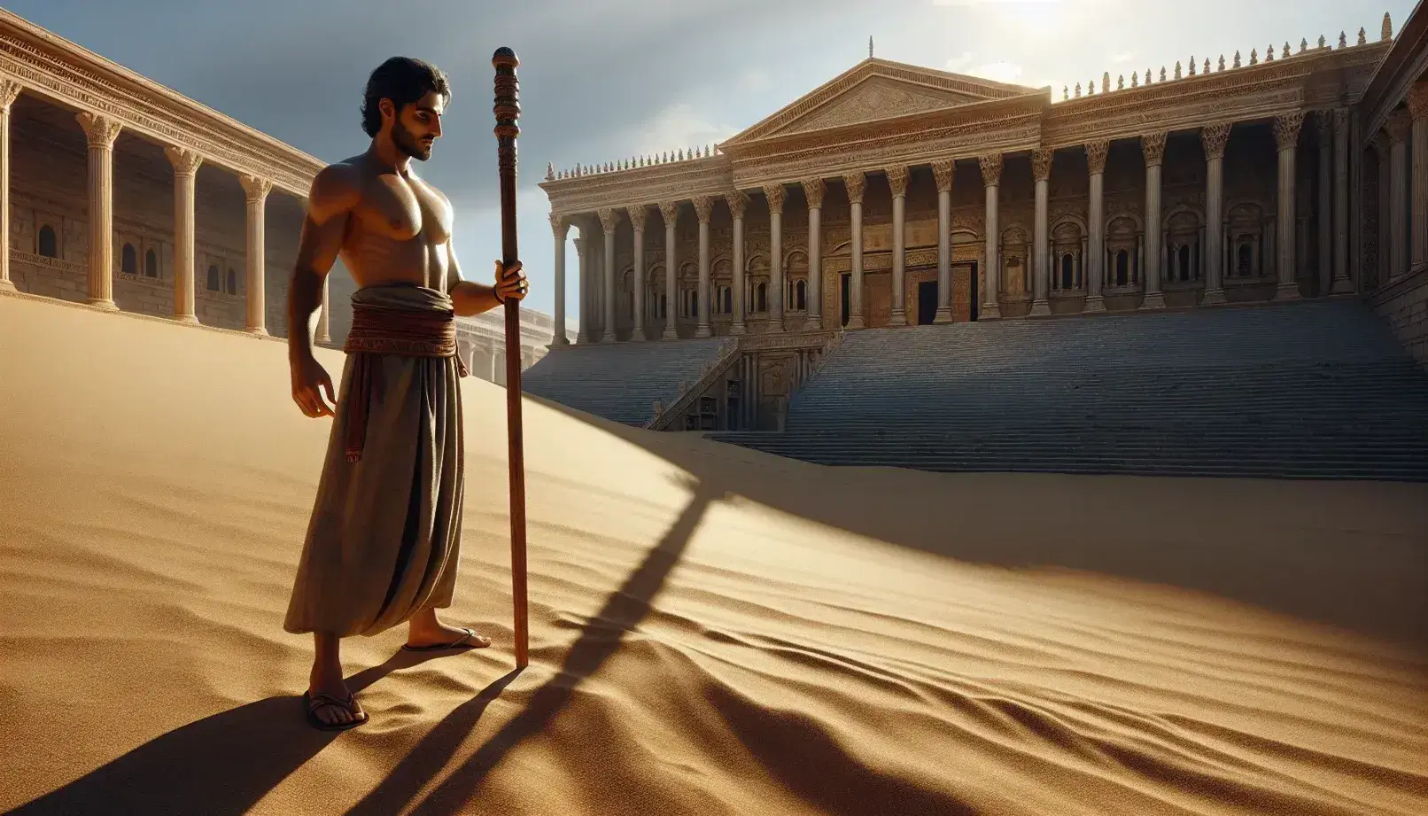 South Asian man measures the shadow of a stick in ancient Alexandria, with the Library in the background and a stone well to the right.