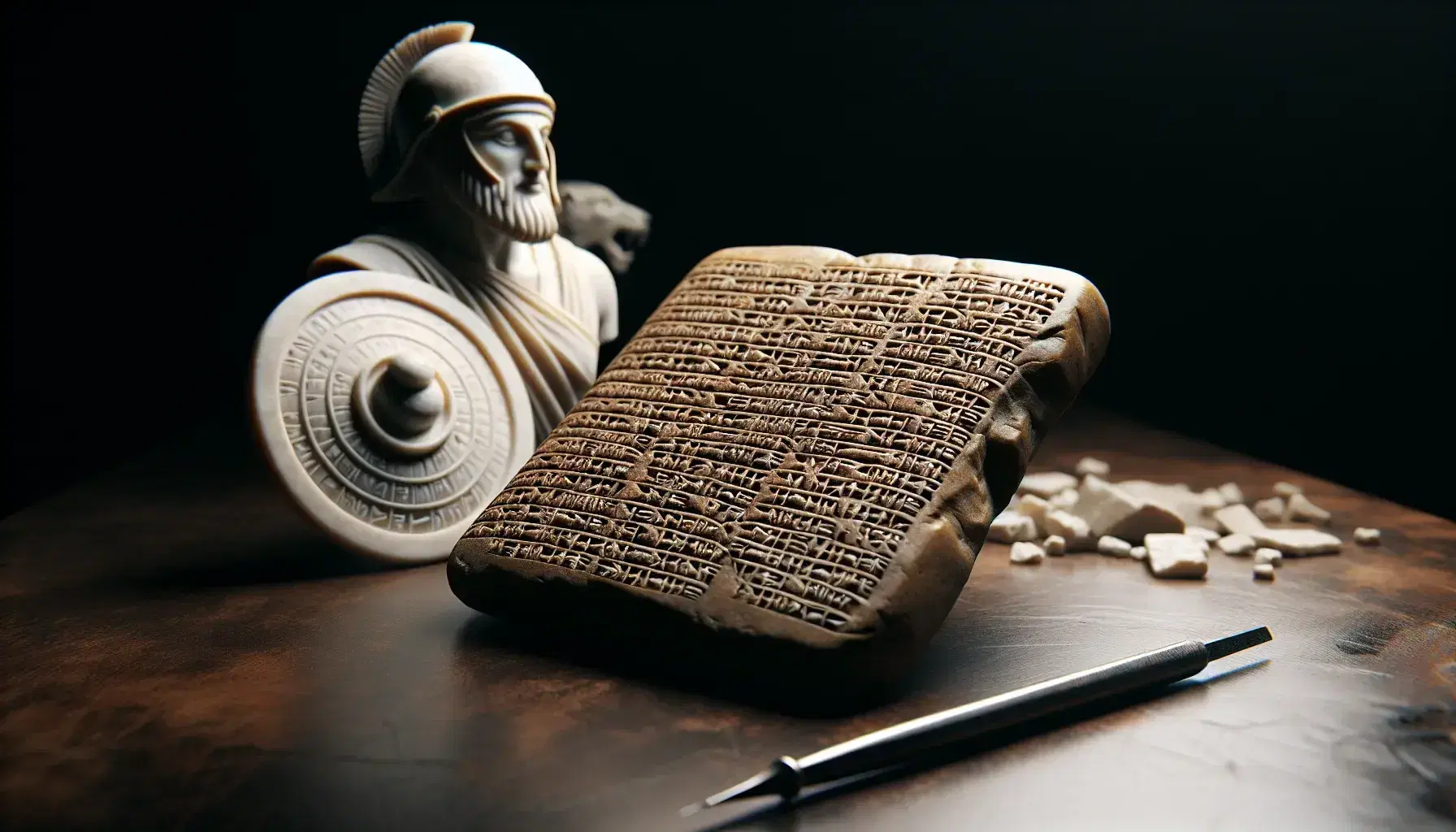 Tableta de arcilla antigua con inscripciones cuneiformes y estilete metálico junto a estatua borrosa de guerrero griego en mármol blanco.