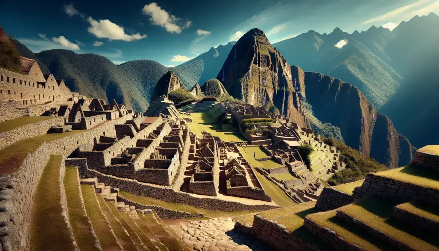 Vista panorámica de las antiguas ruinas de Machu Picchu con terrazas de piedra, estructuras sin mortero y montaña afilada al fondo bajo cielo azul.