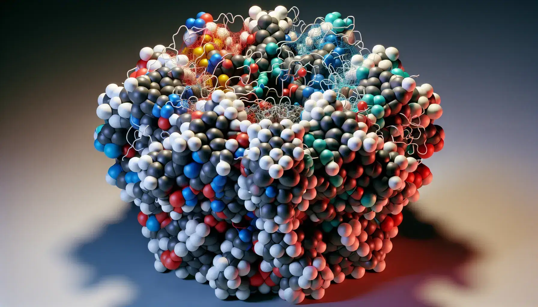 Modelo molecular tridimensional de una proteína con esferas multicolores y varillas que representan átomos y enlaces químicos, destacando sobre fondo uniforme.