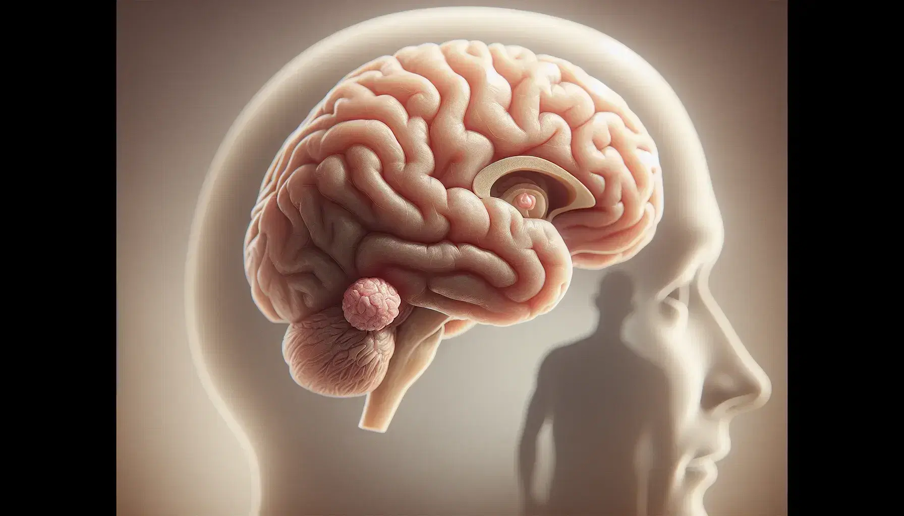 Sagittal section view of a human brain highlighting the pineal gland in a brighter pink, set against a faint profile silhouette of a human head.