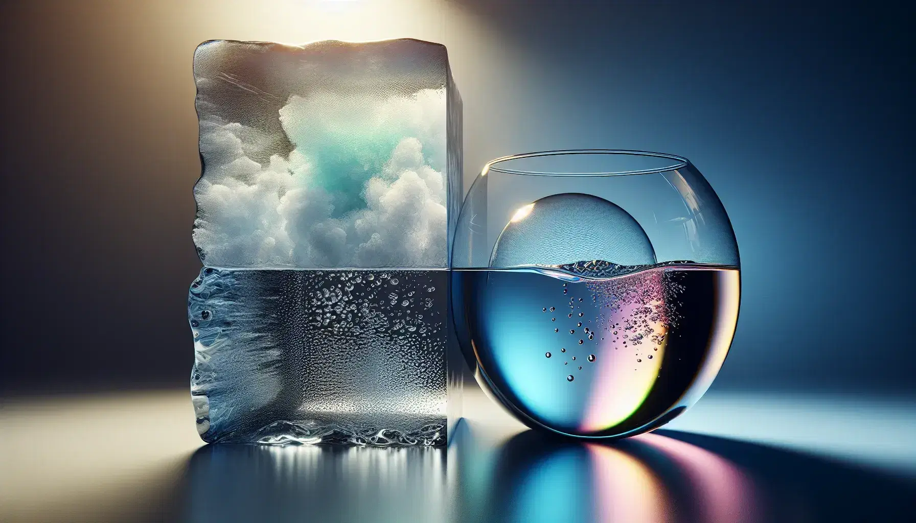 Stati fisici della materia rappresentati da un cubo di ghiaccio, un bicchiere d'acqua e una bolla di sapone iridescente.