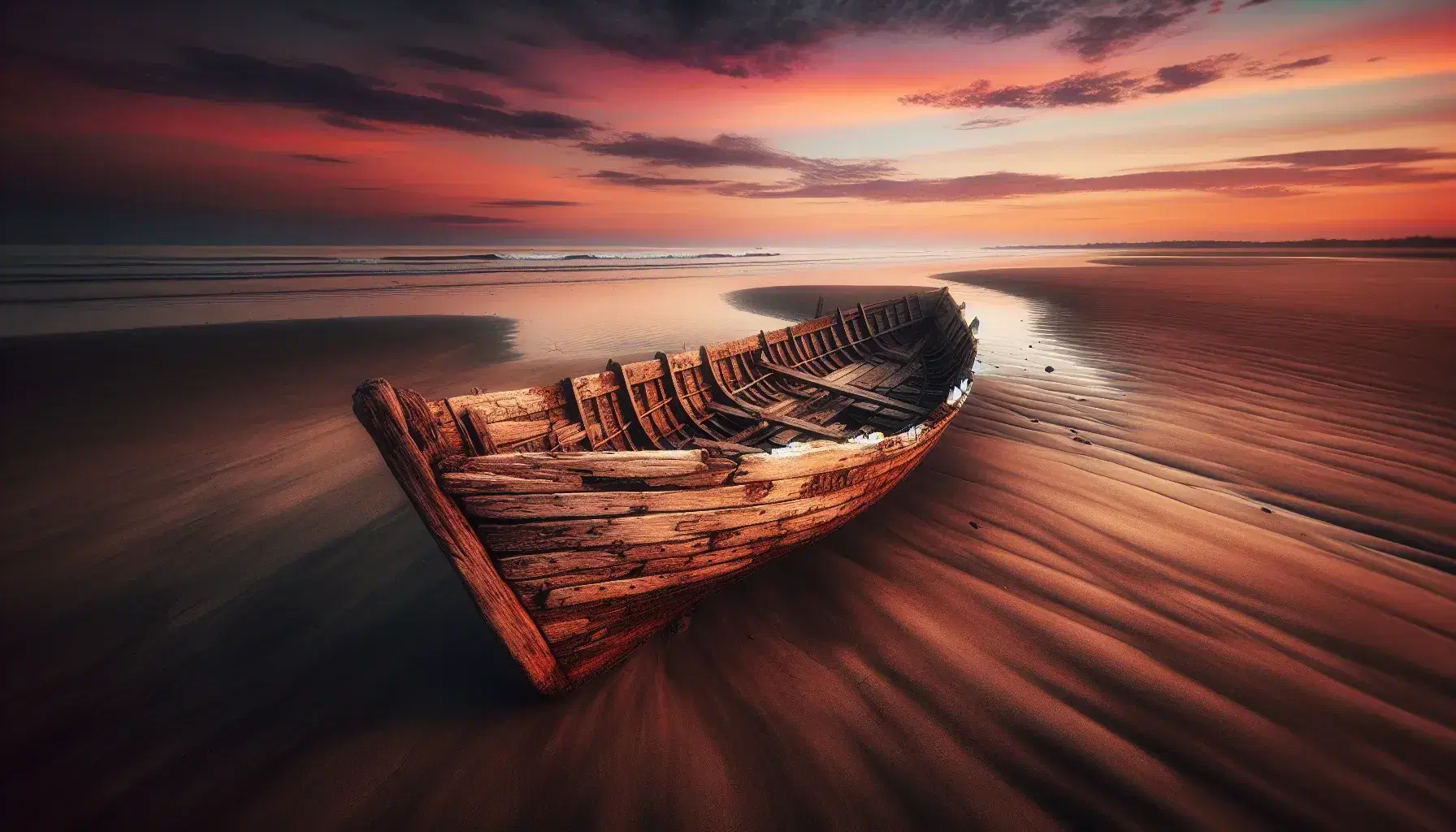Barca in legno consumata dalla salsedine su spiaggia al tramonto, con cielo colorato e mare calmo senza persone o animali.