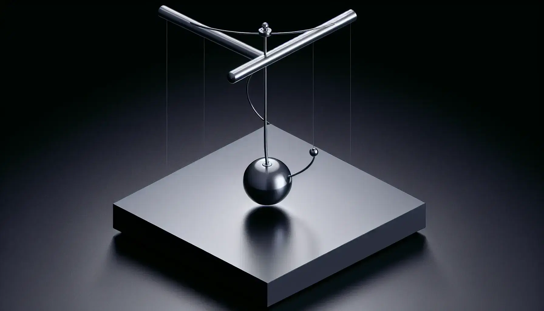 Three-dimensional double pendulum with matte black base, glossy metallic rod, red and blue arms with silver joints, and shadow indicating light source.