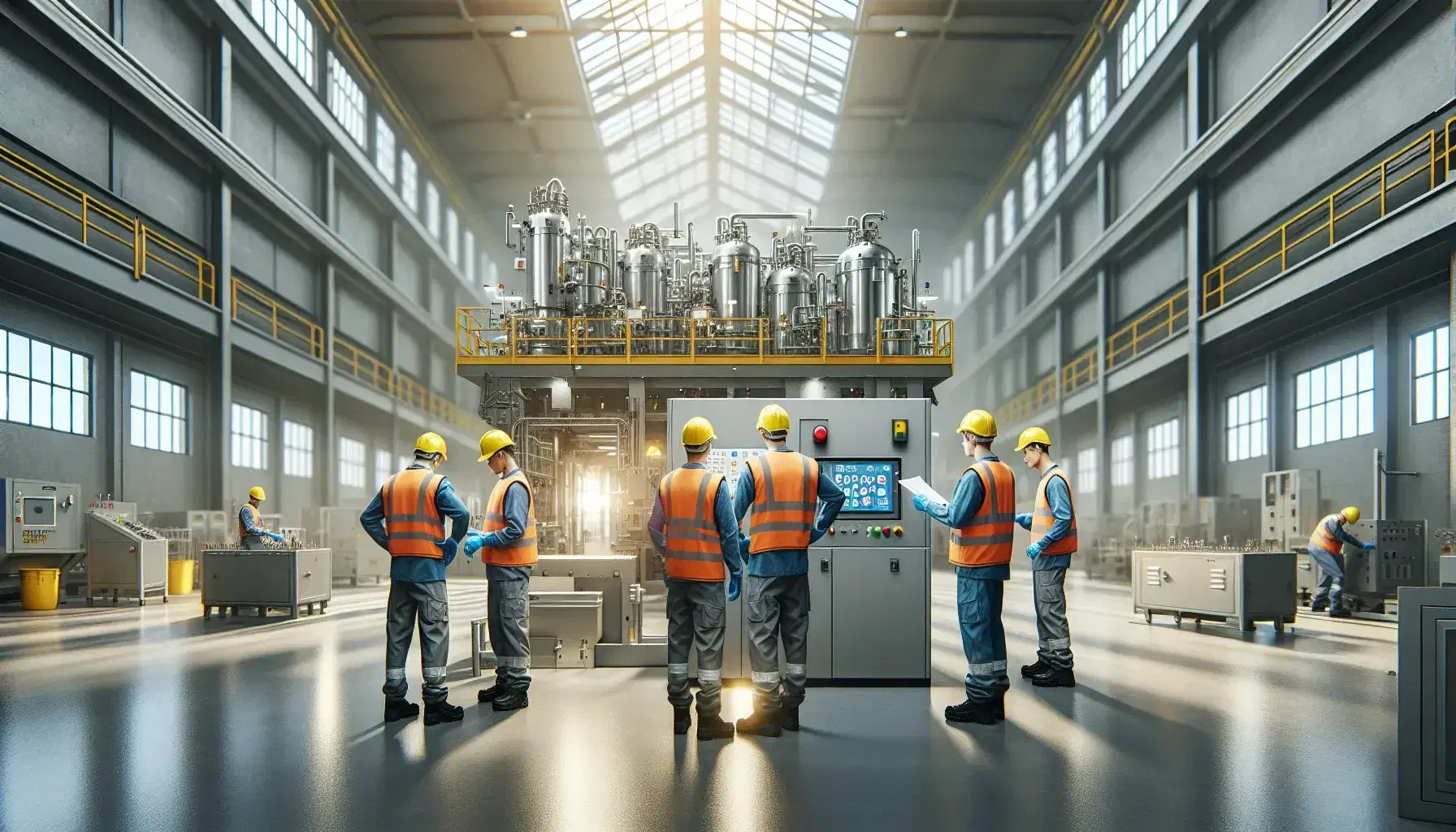 Operai in tenuta di sicurezza lavorano in un capannone industriale illuminato naturalmente, impegnati in attività di manutenzione e controllo.
