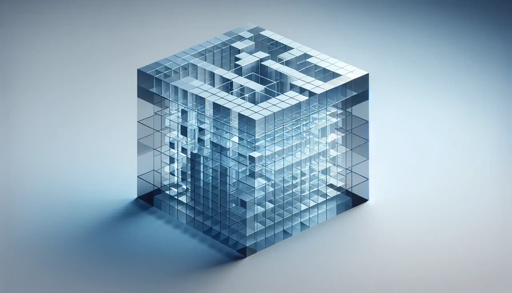 Transparent blue cube with a 3D grid of smaller cubes inside, casting soft shadows on a white background, showcasing depth and symmetry.