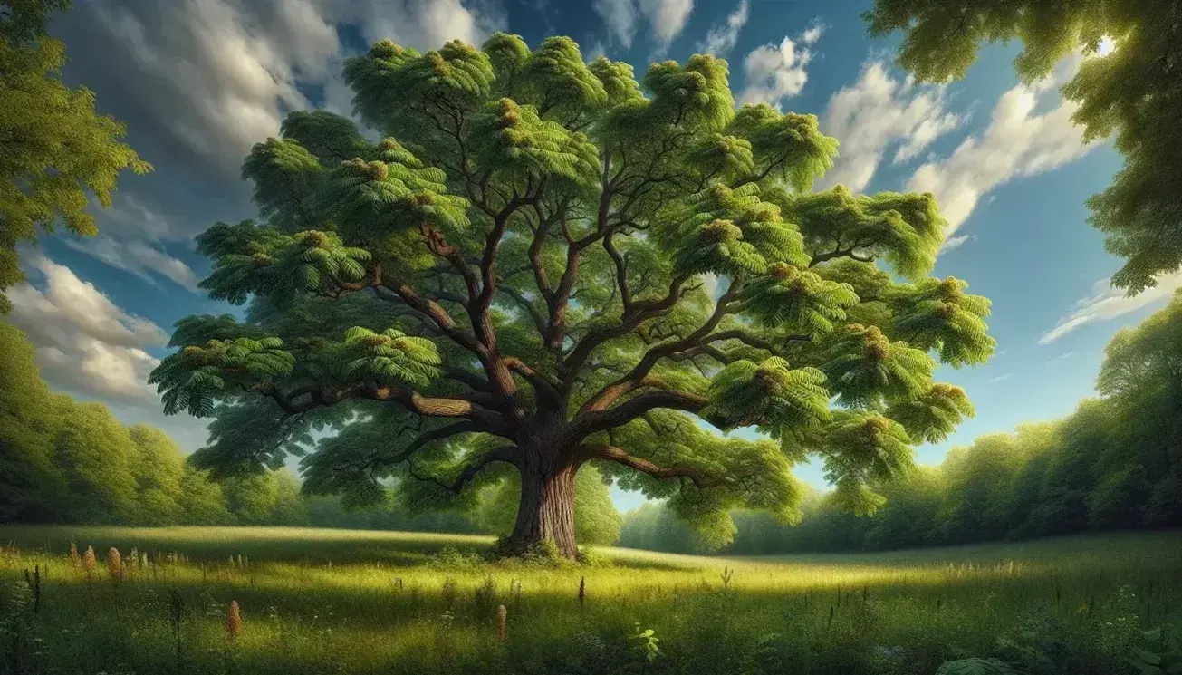 Mature black walnut tree with deep brown bark and vibrant green compound leaves in a lush meadow dotted with wildflowers under a clear blue sky.