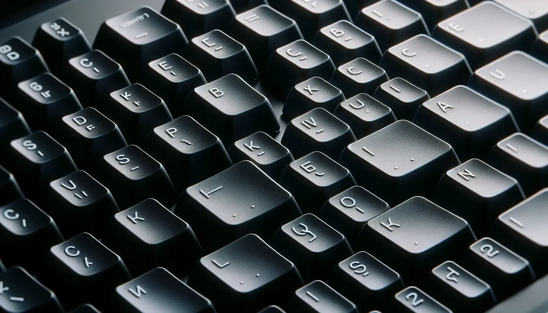 Close-up view of a French AZERTY keyboard with matte black keys, white characters, and soft white lighting, showcasing a focused central area.