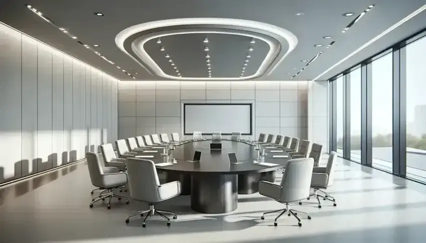 Sala conferenze moderna e luminosa con tavolo ovale in legno scuro, sedie ergonomiche grigie e dispositivi tecnologici senza cavi visibili.