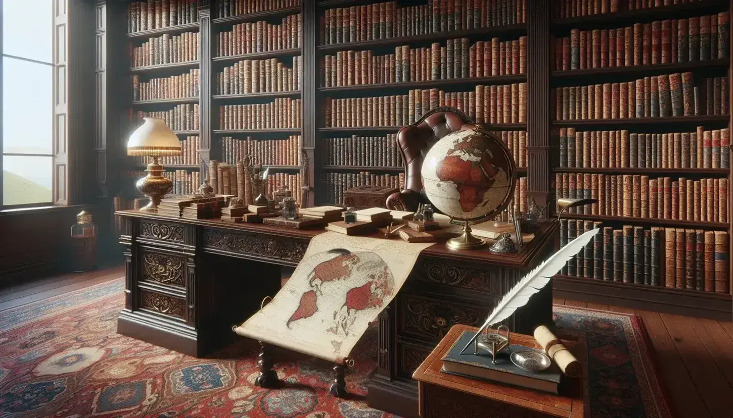 Studio classico con libreria piena di libri rilegati in pelle, scrivania in legno scuro con penna d'oca e globo terrestre, lampada ad olio e tappeto persiano.