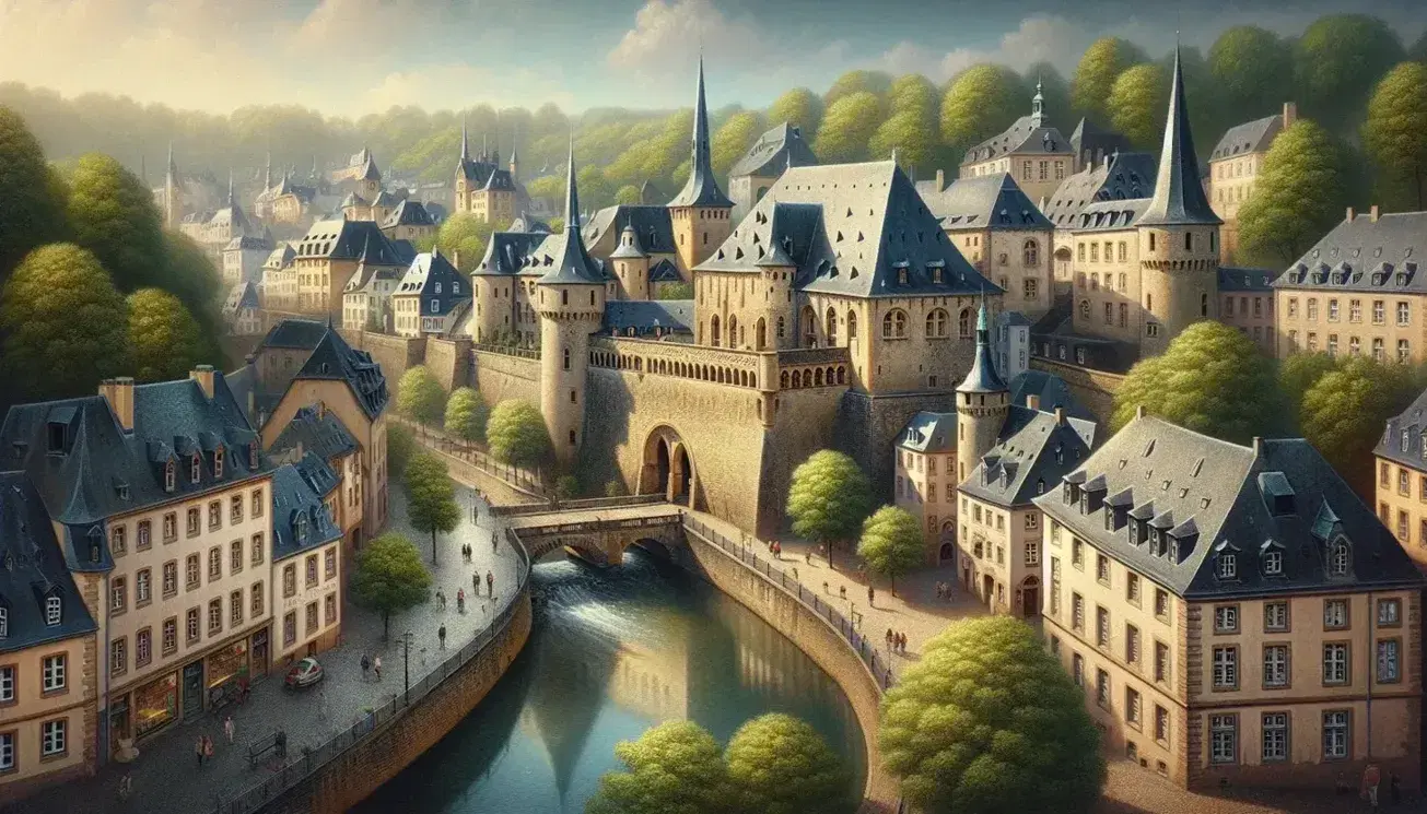 Vista panoramica del centro storico di Lussemburgo con palazzo rinascimentale, tetti rossi, Alzette e persone su viale alberato.