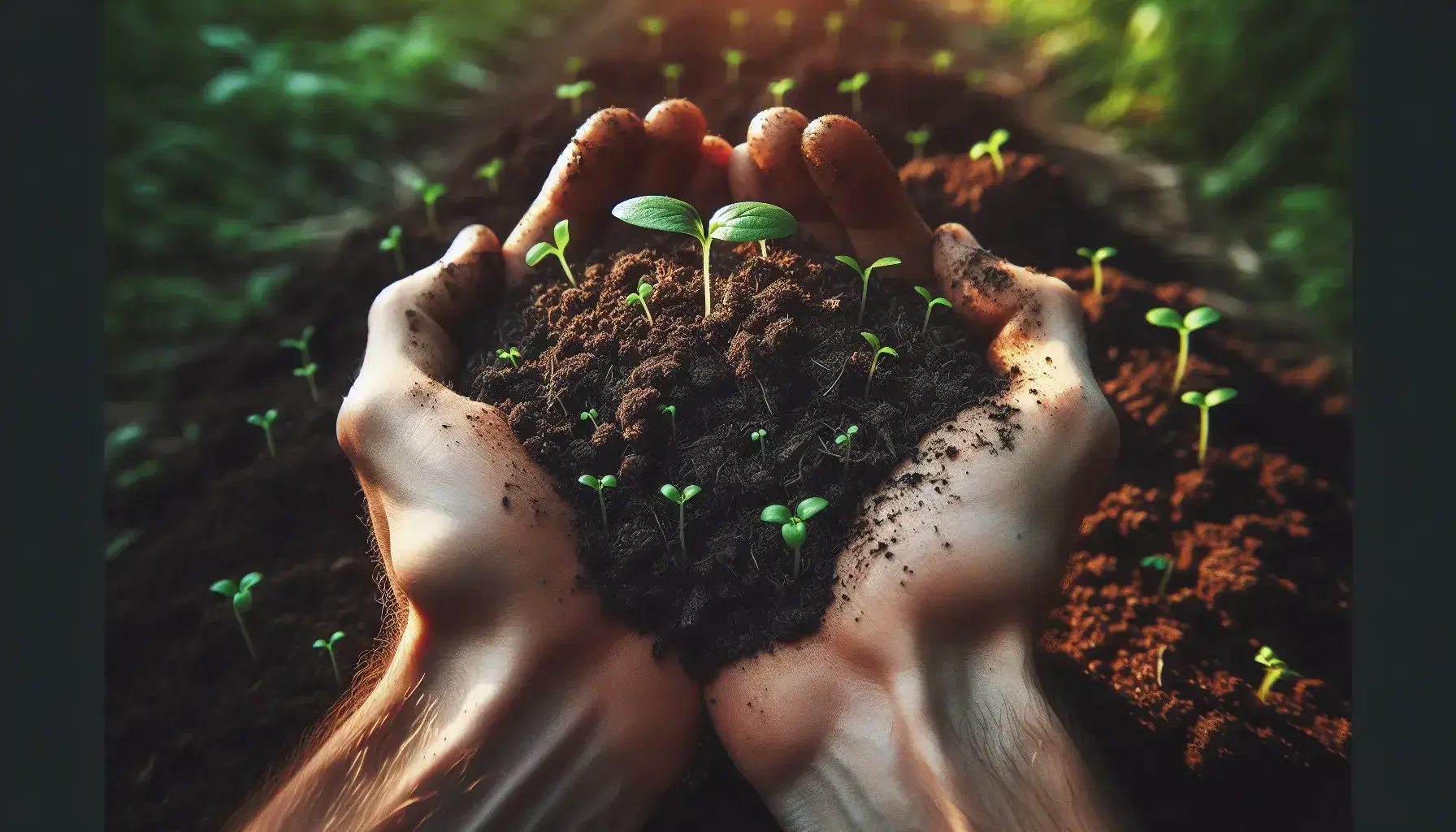 Mano sosteniendo suelo fértil y plantas jóvenes verdes, simbolizando crecimiento y cuidado ambiental en un fondo natural desenfocado.