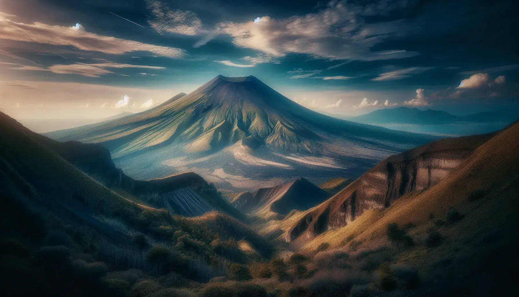 Vista panoramica del Monte Vesuvio con cielo azzurro, pareti stratificate del cratere in primo piano e vegetazione sulle pendici.