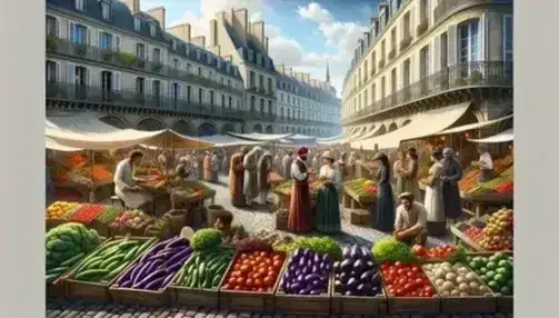 Bustling French market with colorful produce on stalls, diverse shoppers engaging with vendors, and traditional European stone buildings under a clear sky.