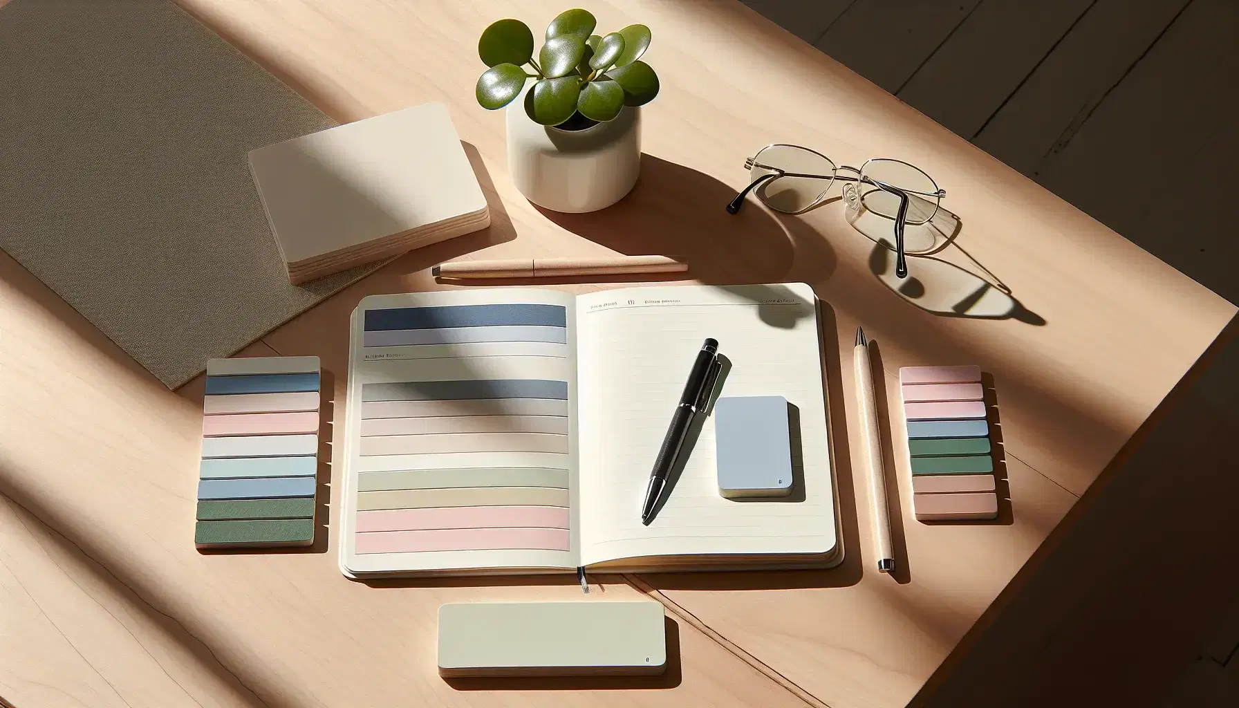 Mesa de madera clara con cuaderno abierto, bolígrafo negro, tarjetas de colores pastel y gafas con marco negro junto a una planta verde en maceta blanca.
