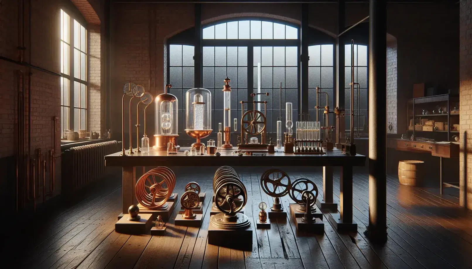 Laboratorio scientifico vintage con strumenti antichi, calorimetro in rame, pesi in ferro, cilindro di vetro con termometro e motore Stirling.