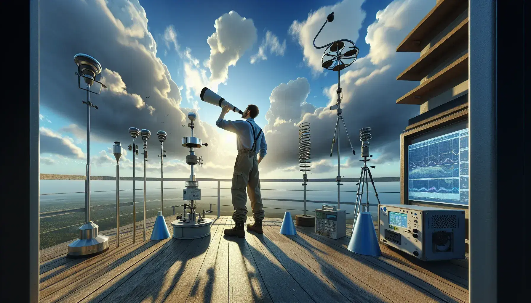 Meteorologo con telescopio manuale e strumenti come anemometro e pluviometro su piattaforma esterna, con sfondo di cielo nuvoloso e montagne.