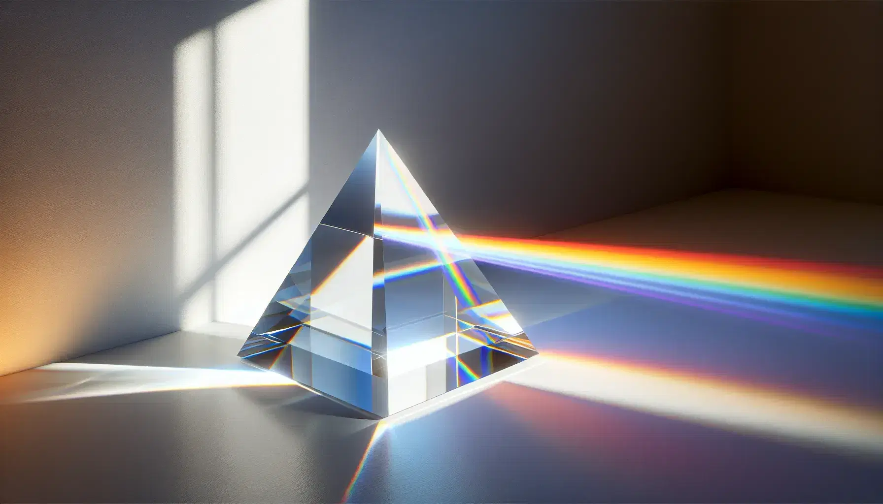 Prisma di vetro trasparente su superficie liscia con luce solare rifratta in spettro arcobaleno su muro bianco.