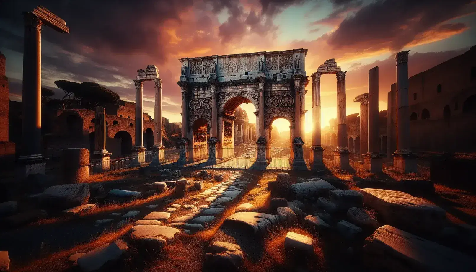 Tramonto dorato illumina l'Arco di Settimio Severo e le rovine del Foro Romano con la statua della Lupa Capitolina in primo piano.