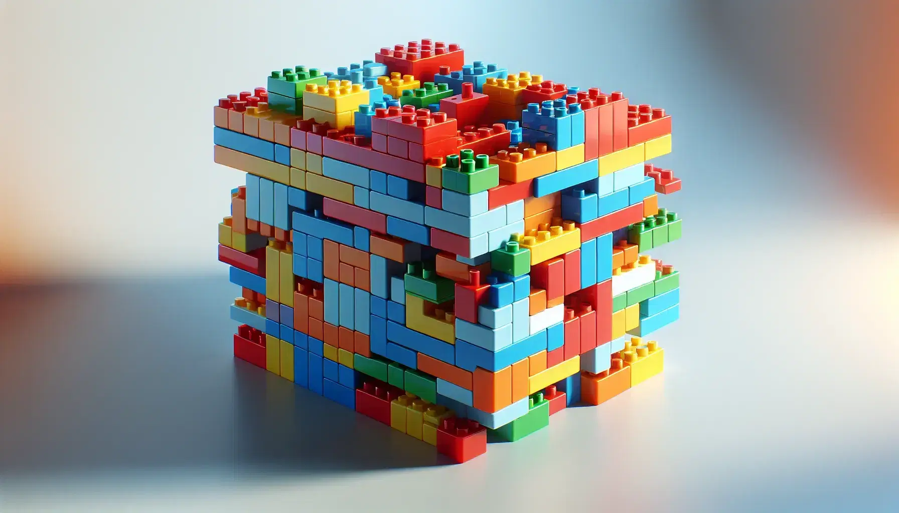 Costruzione colorata realizzata con mattoncini di plastica incastonati senza spazi, in varie forme e dimensioni, su sfondo neutro sfocato.