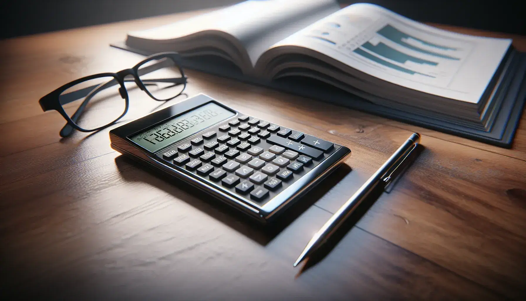 Modern scientific calculator on a wooden desk with blurred display, flanked by black eyeglasses and a metallic mechanical pencil, near an open graph-filled textbook.