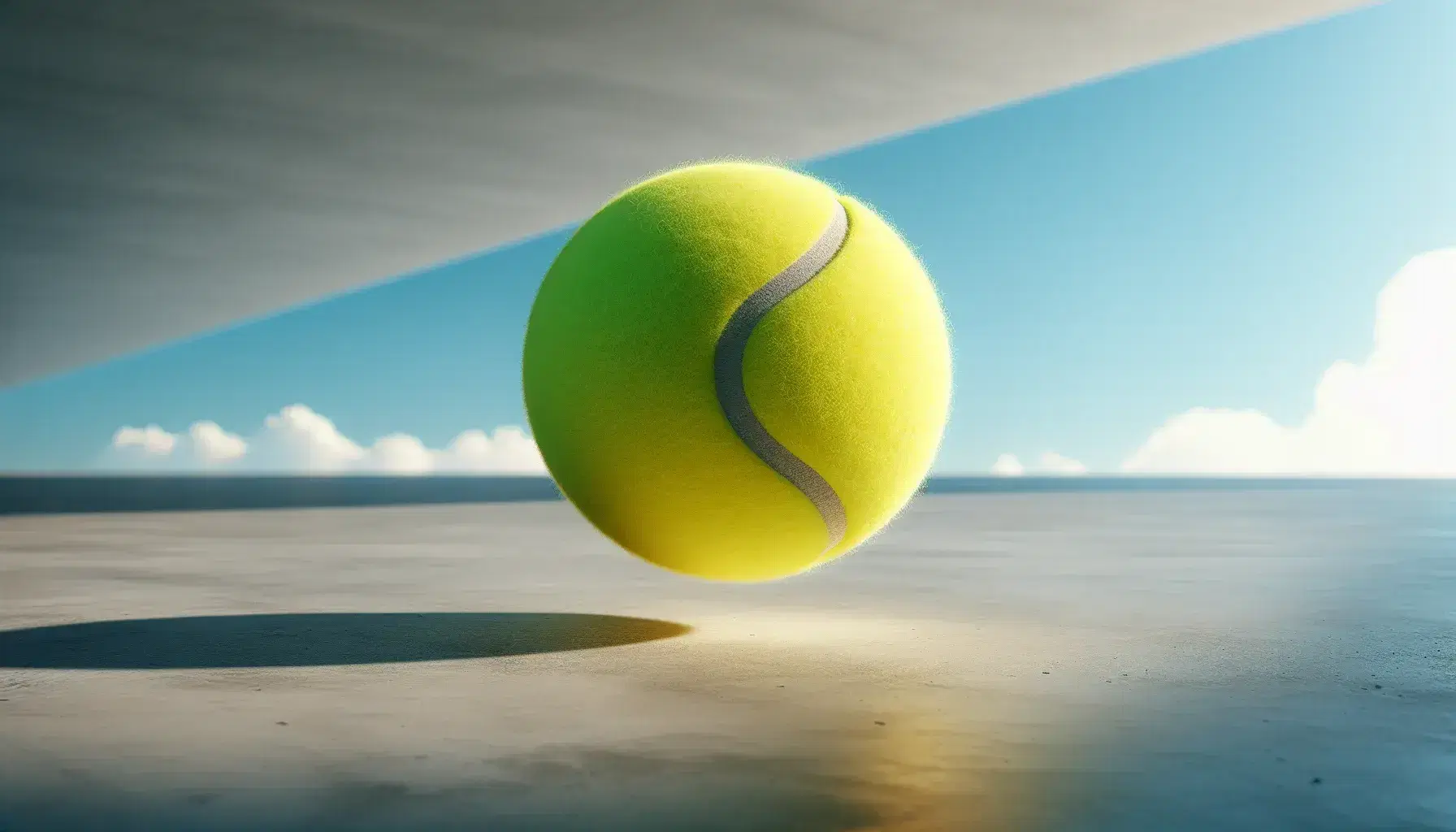Palla da tennis giallo fluo in rimbalzo su superficie in cemento con sfondo cielo azzurro e nuvole sparse, ombra netta sul lato destro.