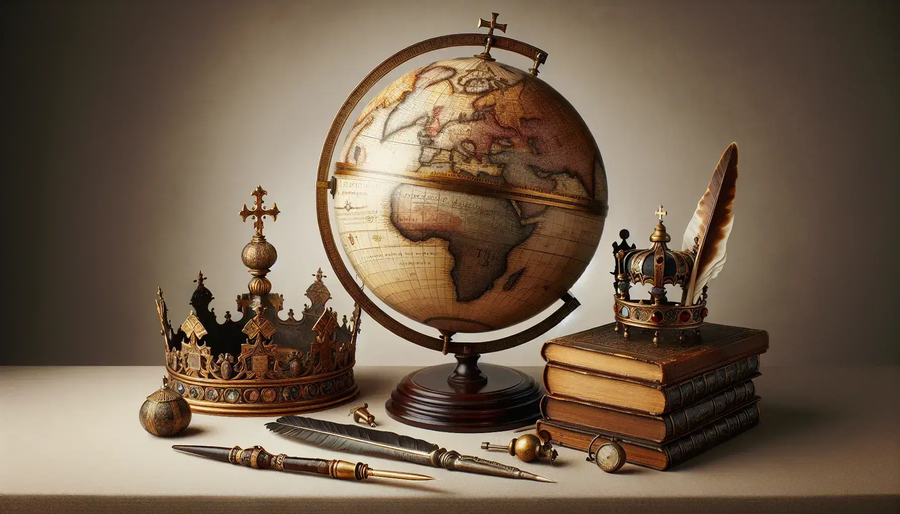 Mappamondo antico su piedistallo in legno scuro, corona imperiale dorata, calamaio in bronzo e penna d'oca accanto a libro aperto.