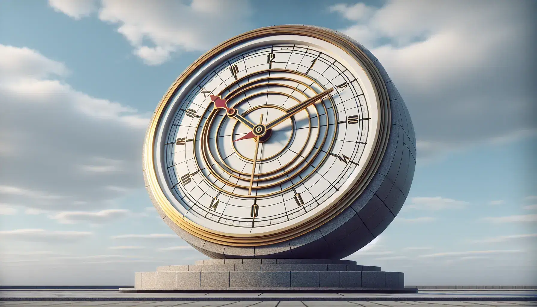 Orologio analogico classico segna le 10:10 con lancette dorate su sfondo cielo azzurro e nuvole sparse, montato su piedistallo di pietra grigia.