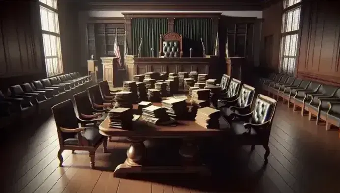 Escena de sala de juicio con mesa de madera oscura, sillas talladas, balanza de justicia de bronce y banderas unicolores a ambos lados del estrado del juez.
