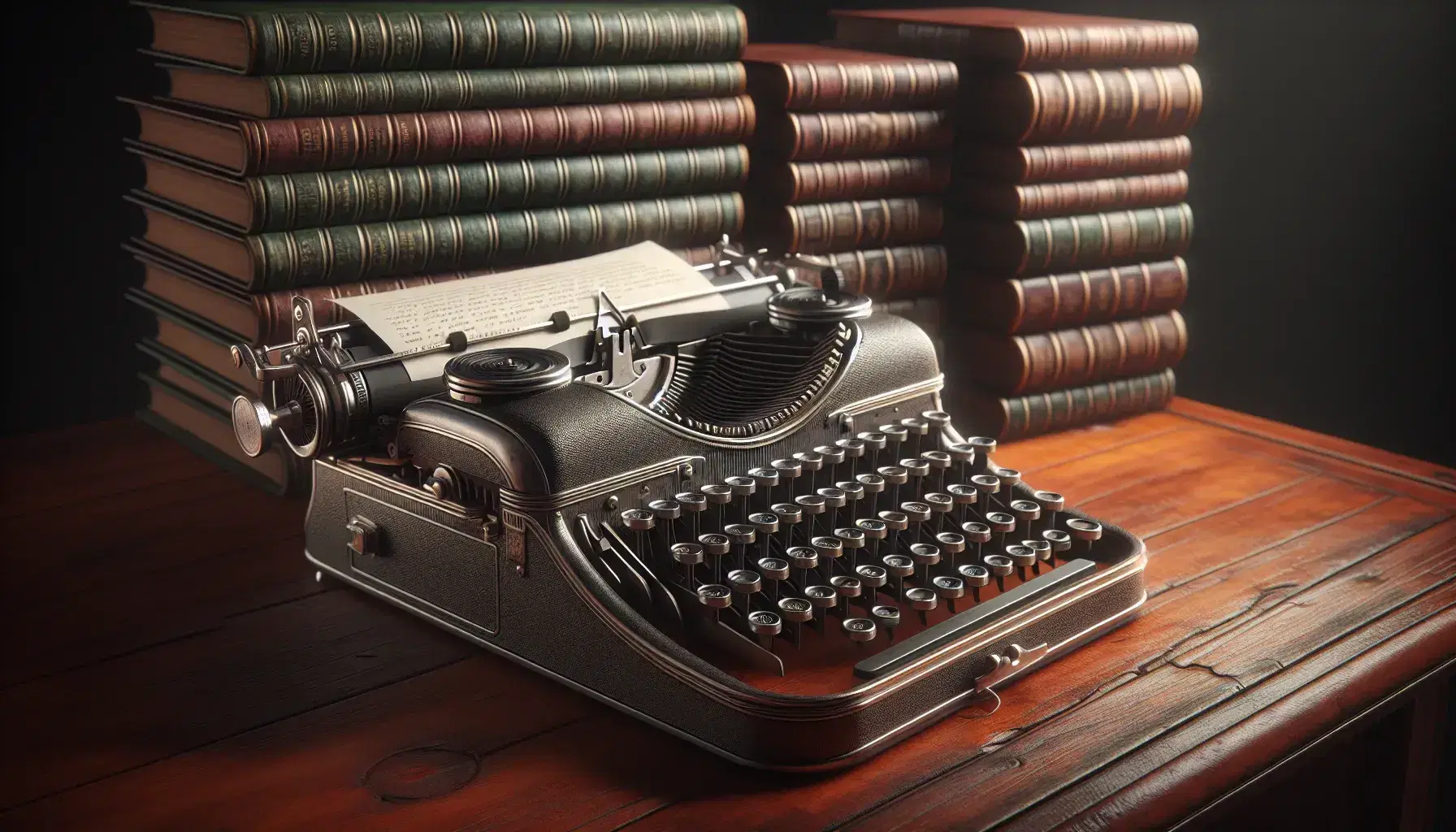 Vintage typewriter with round black keys on a polished mahogany desk, blank paper inserted, and a backdrop of aged hardcover books in muted tones.