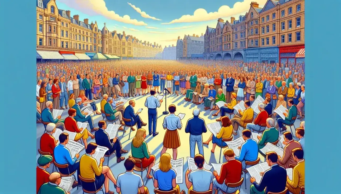 Piazza affollata con persone di diverse età in abiti colorati che ascoltano un oratore su un palco, sotto un cielo azzurro con nuvole sparse.