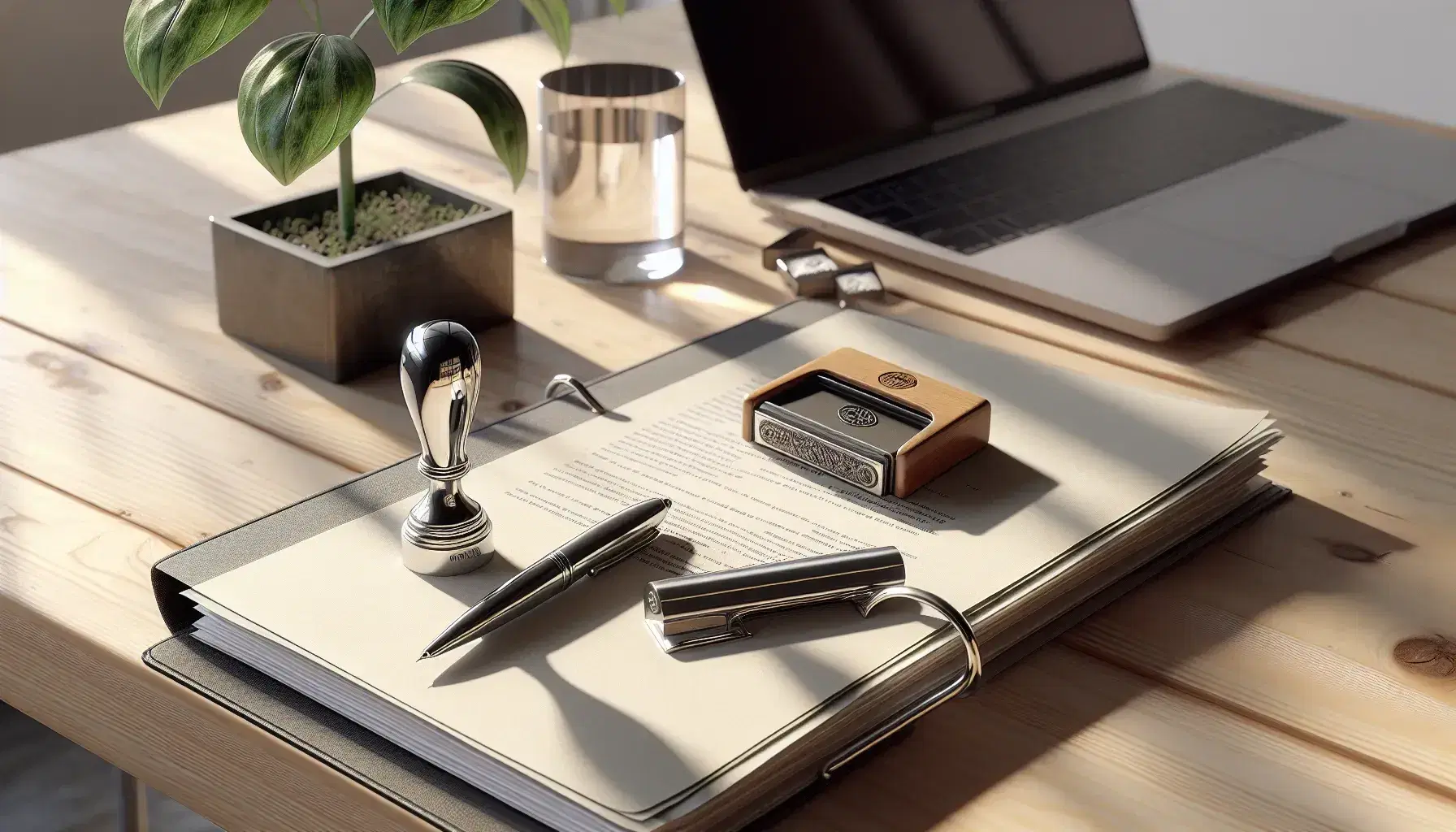 Scrivania in legno chiaro con fascicolo fermato da clip metallica, penna stilografica nera, timbro, tampone inchiostrato, laptop chiuso e vaso con pianta verde.