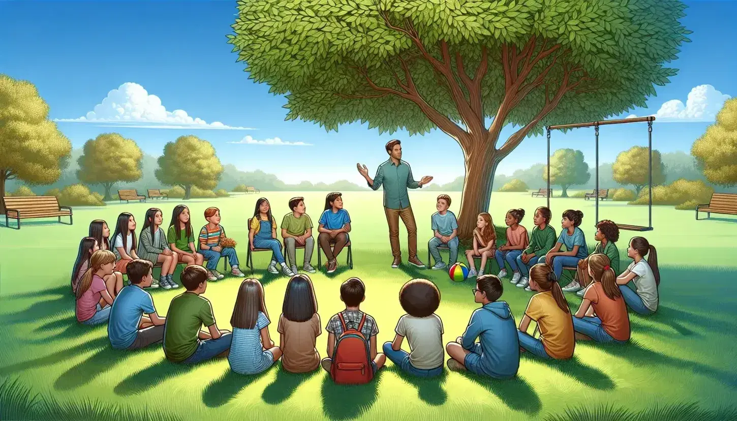 Grupo diverso de niños y adolescentes sentados en círculo en un parque escuchando a un adulto, bajo un árbol y cielo azul con nubes dispersas.