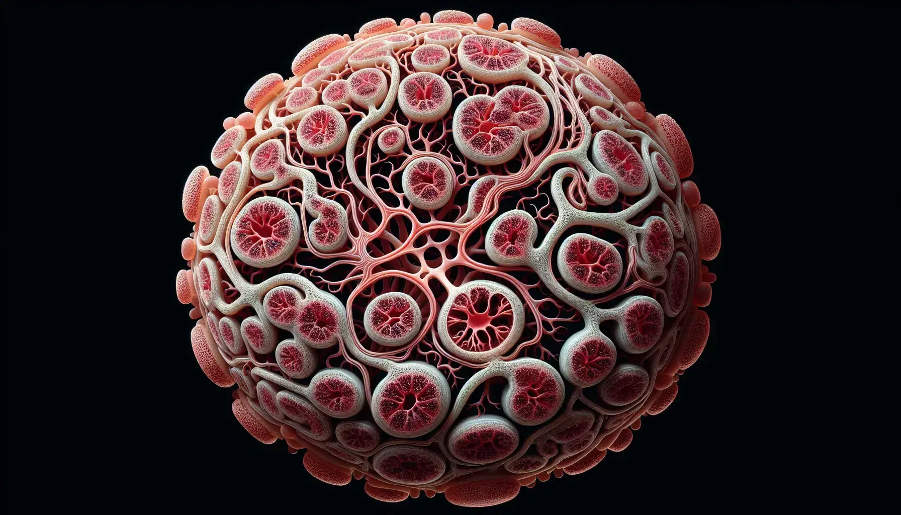 Vista microscópica de tejido renal mostrando un glomérulo con su cápsula de Bowman, capilares sanguíneos rojos y tejido conectivo circundante.