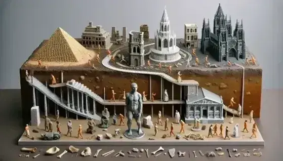 Línea de tiempo tridimensional que muestra la evolución humana, desde un homínido primitivo hasta la era contemporánea con edificios y vehículos modernos, culminando con la Tierra en el espacio.