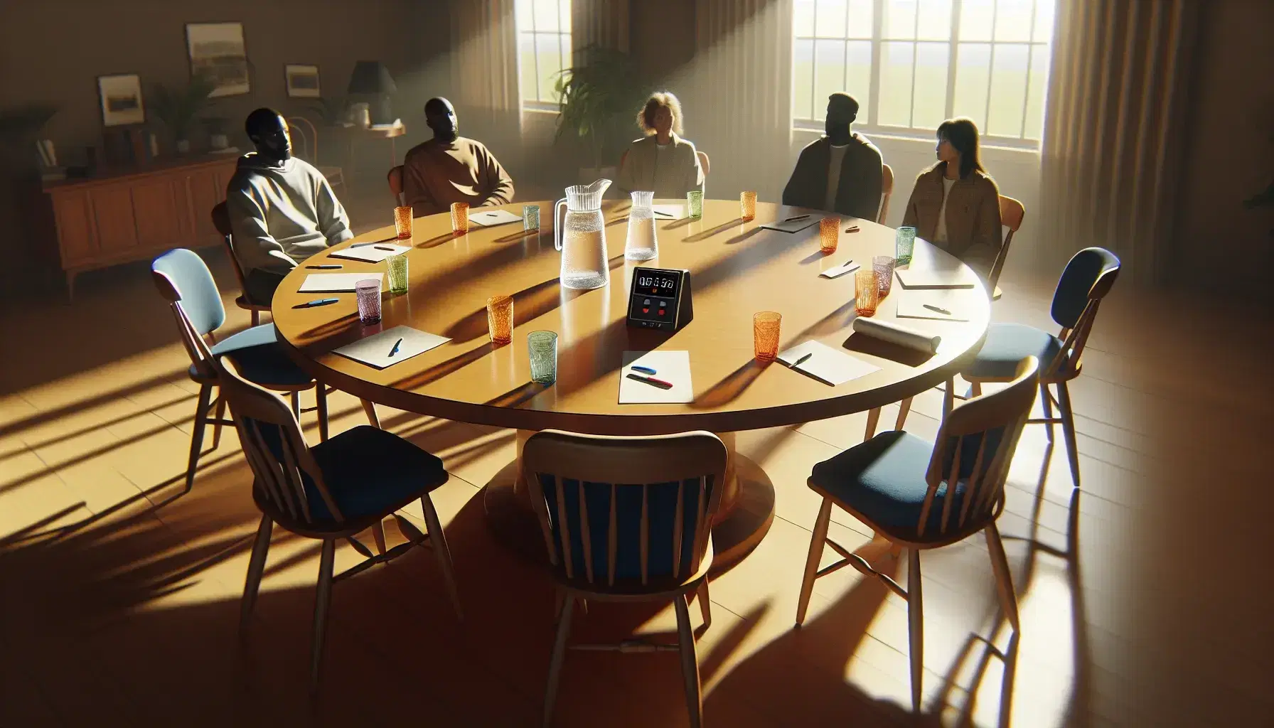 Round light wooden table with eight blue chairs in bright room, tape recorder turned on, colored papers and pens, jug and glasses of water, seven people in a meeting.