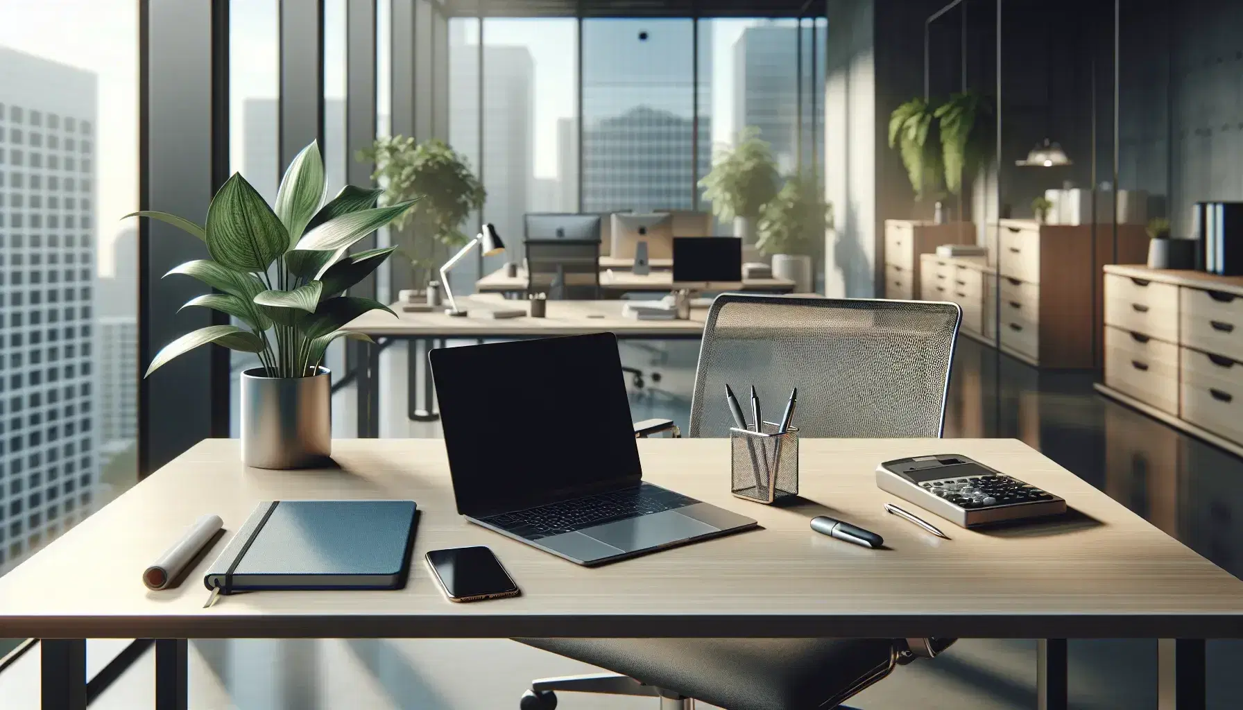 Oficina moderna y luminosa con mesa de madera, portátil, smartphone, cuaderno azul y calculadora, silla ergonómica y planta verde.