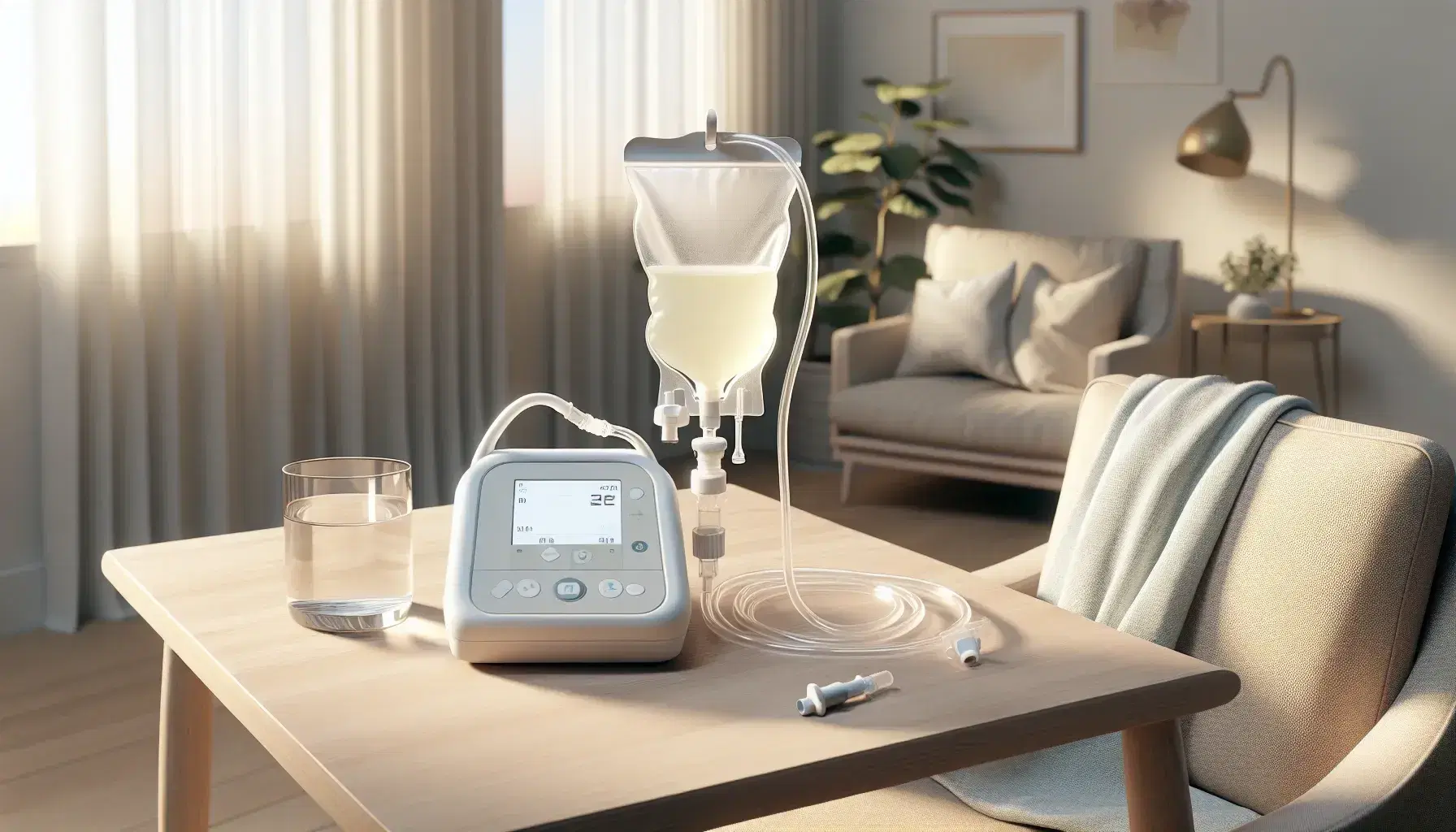 Dispositivo de nutrición enteral portátil sobre mesa de madera con bomba de alimentación, tubo conectado a bolsa de solución nutritiva y jarra de agua al lado, en ambiente hogareño iluminado naturalmente.