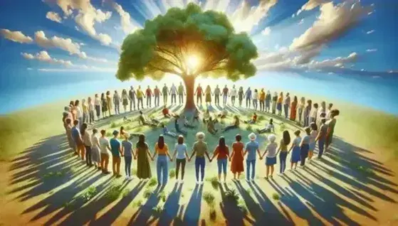 Grupo diverso de personas tomadas de las manos en círculo al aire libre bajo un árbol frondoso, con cielo azul y nubes dispersas de fondo.