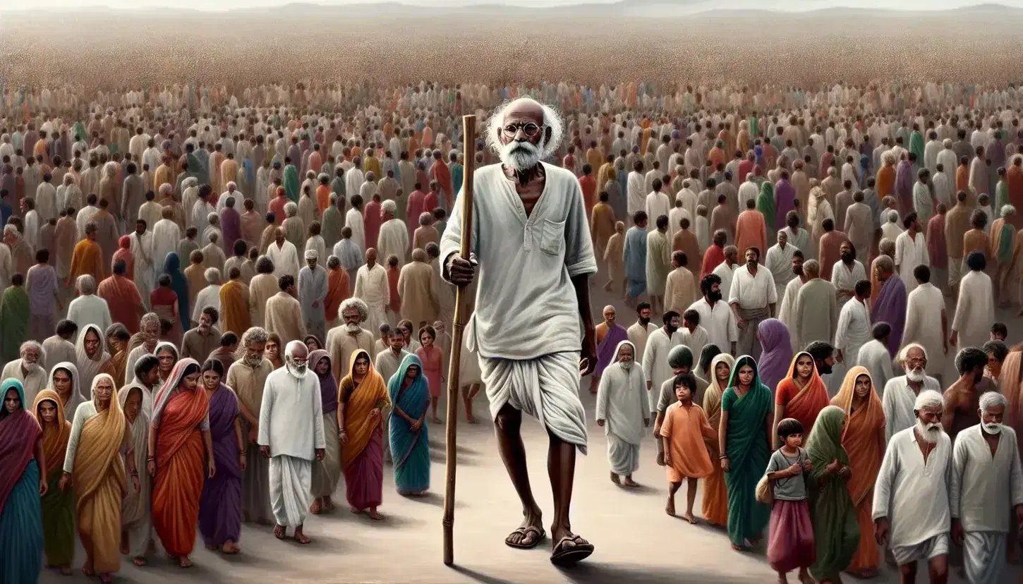 Uomo anziano in dhoti bianco con bastone cammina tra folla colorata in spazio aperto, riflesso di un momento storico pacifico.