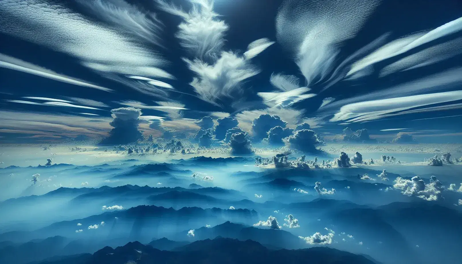 Cielo azzurro con nuvole cumulo bianche in primo piano e strisce di cirri in alto, con sfondo di montagne sfumate.