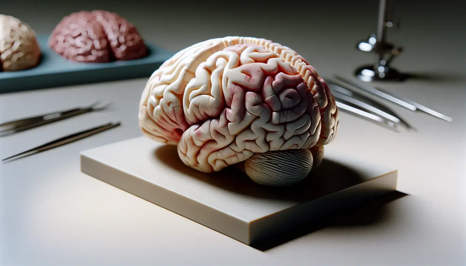 Modelo anatómico detallado del cerebro humano mostrando hemisferios, surcos y giros sobre superficie neutra con instrumentos de laboratorio al fondo.