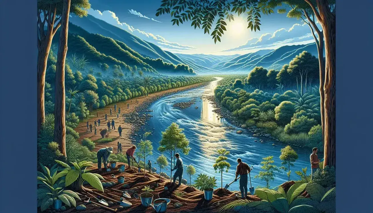 Río caudaloso fluye entre vegetación frondosa con grupo de personas reforestando y plantando árboles en un día soleado, con montañas al fondo.
