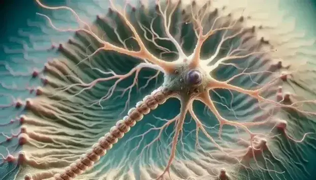 Detailed neuron with dendrites, axon and myelin sheath in shades of beige and brown on a blurred background suggesting neural tissue.