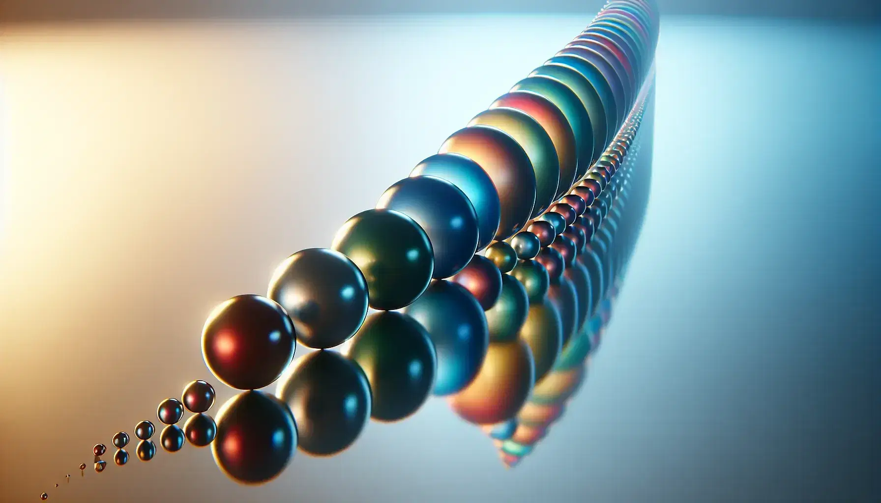Esferas translúcidas de colores en gradiente de tamaño sobre superficie reflectante con fondo azul a blanco.