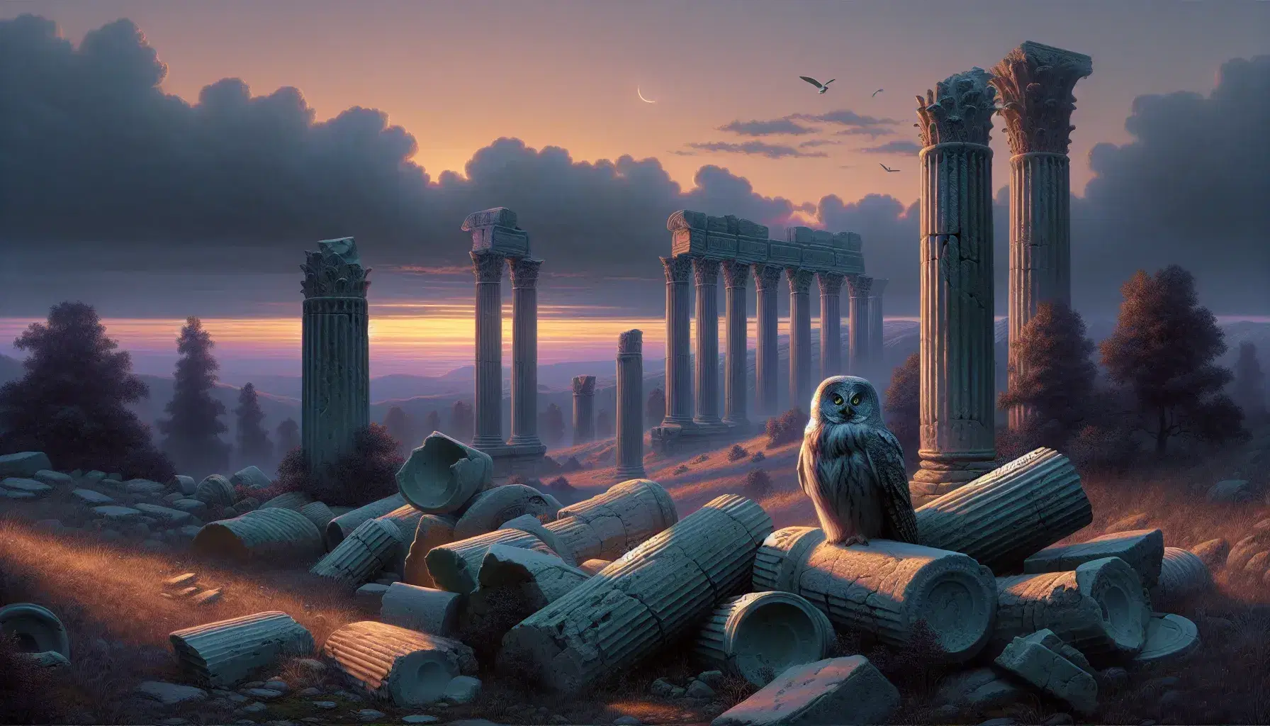 Paesaggio naturale al tramonto con rovine antiche, colonne spezzate e gufo su frammento di colonna, cielo arancione e rosa.