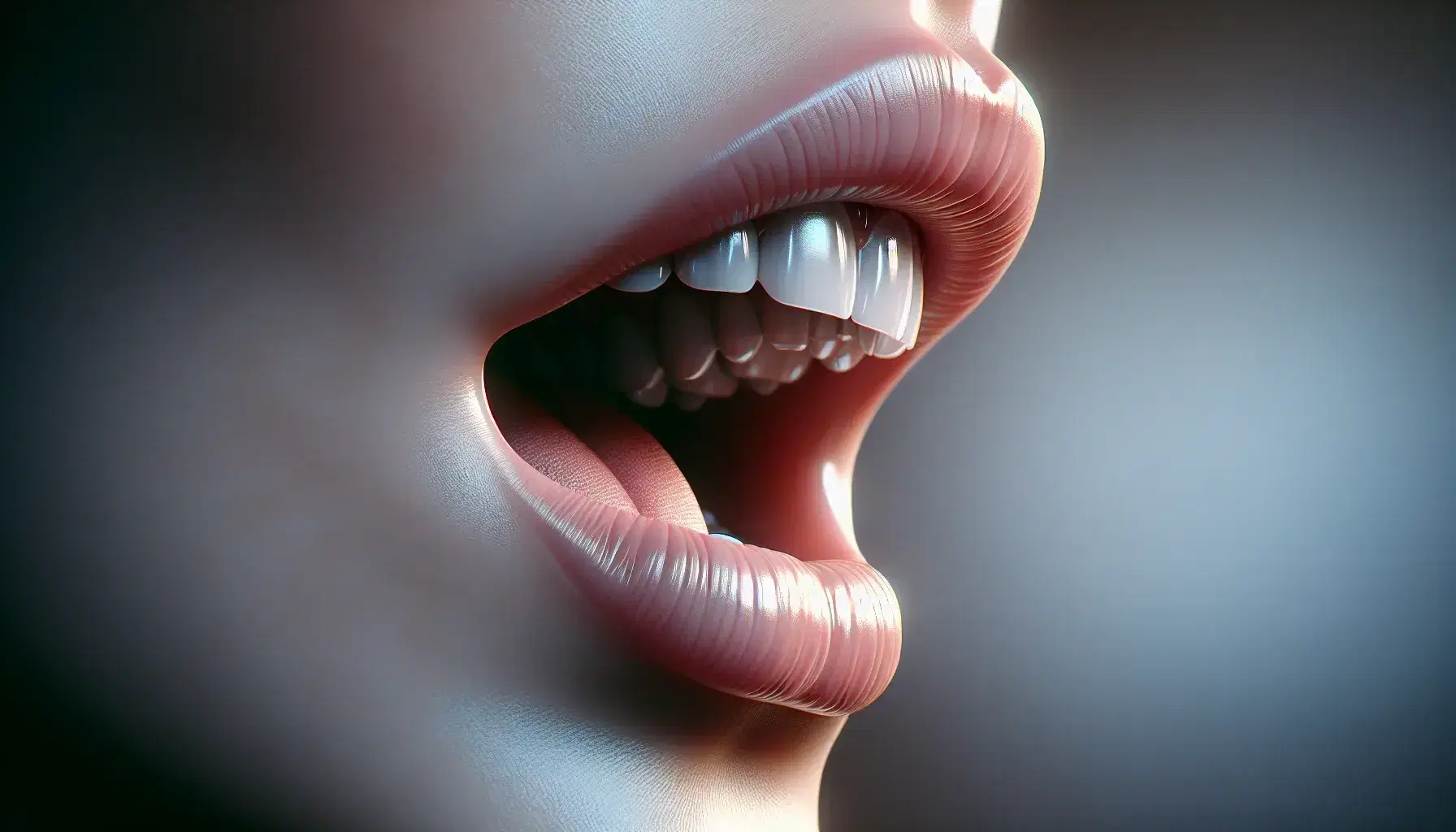 Close-up profile view of a human mouth with lips slightly parted, teeth aligned, and tongue touching upper teeth, set against a blurred background.